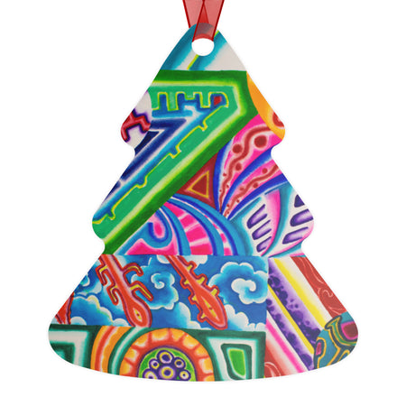 tree shaped ceramic ornament with psychedelic geometric art