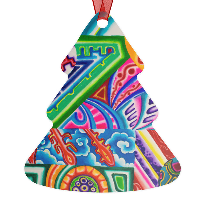 tree shaped ceramic ornament with psychedelic geometric art
