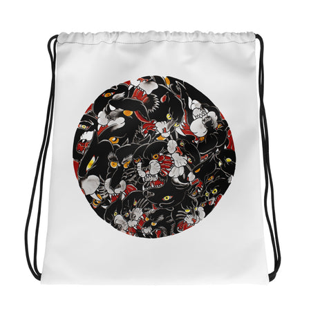 white drawstring bag with a circular outline containing many black panther tattoo style heads.