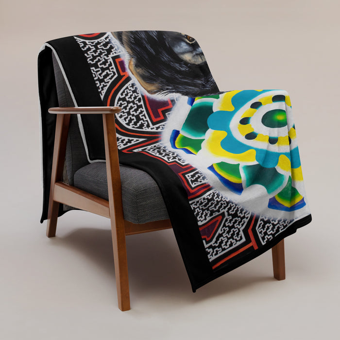 large throw blanket with image of a chimp head with a colorful psychedelic background