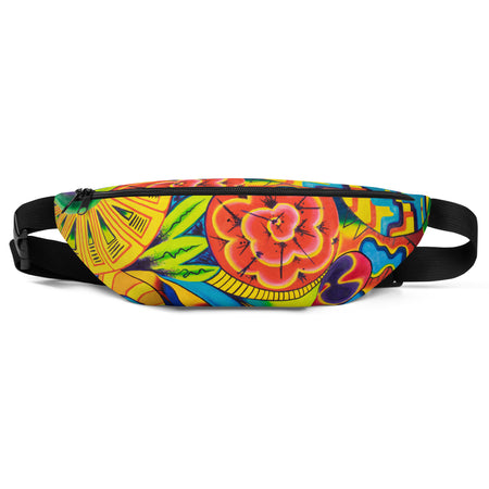fanny pack with an allover multicolored geometric psychedelic print.