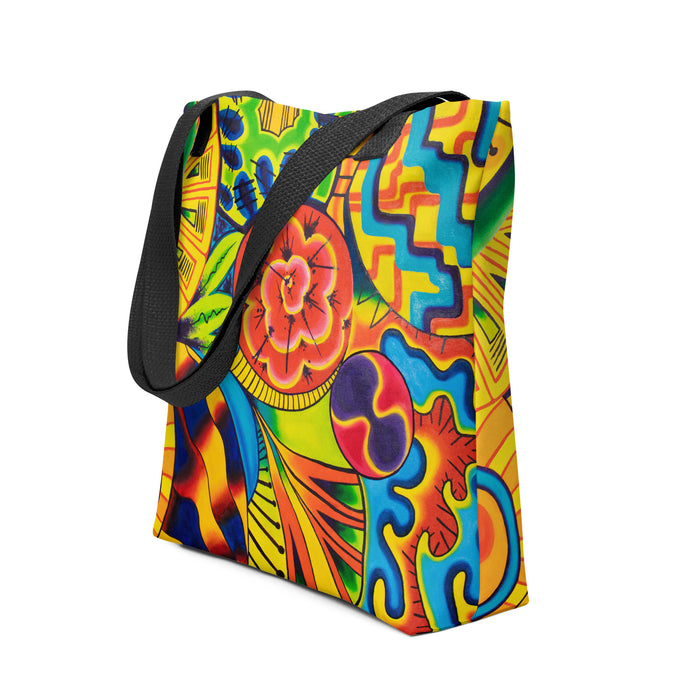tote bag with all psychedelic all over print of colorful abstract geometric shapes.