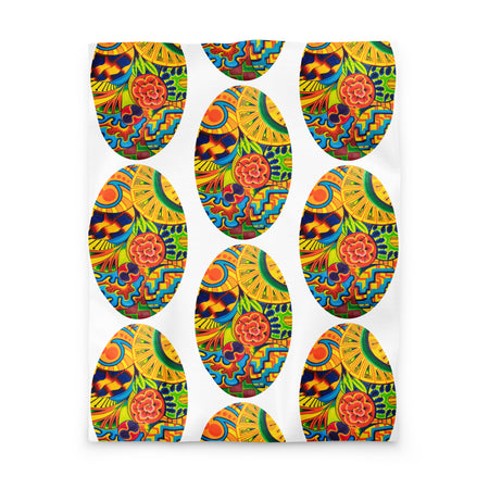 duvet cover with a repeating, oval shaped, multicolored, psychedelic, abstract design 