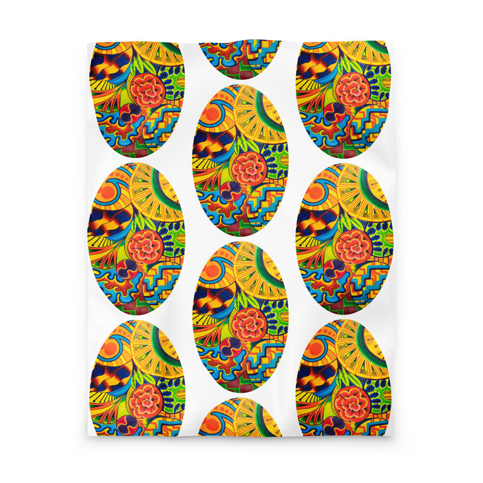 duvet cover with a repeating, oval shaped, multicolored, psychedelic, abstract design 