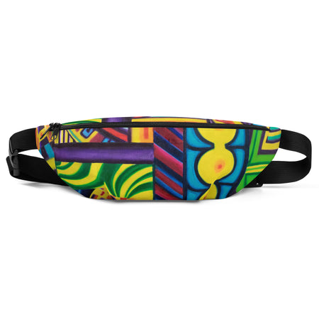 fanny pack with an all over  abstract multicolor geometric design .