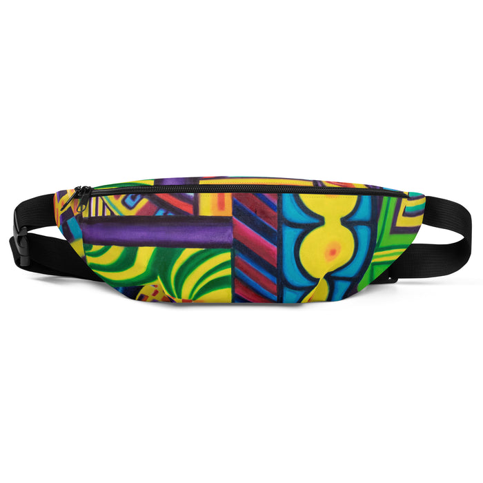 fanny pack with an all over  abstract multicolor geometric design .