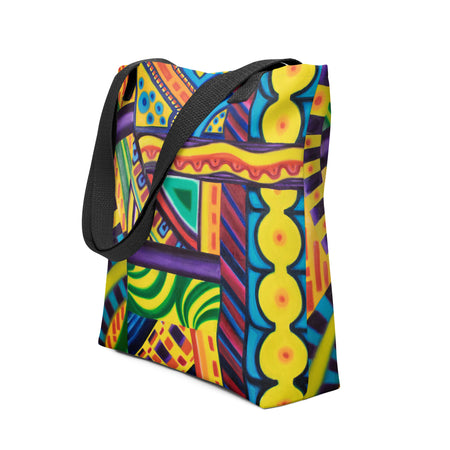 tote bag with all over multi colored, psychedelic, geometetric print.
