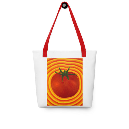 white tote bag with red handles and n image of a tomato radiating bands of red, orange, and yellow