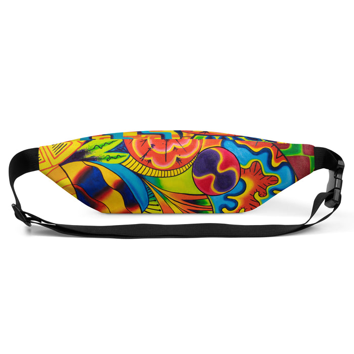 fanny pack with an allover multicolored geometric psychedelic print.