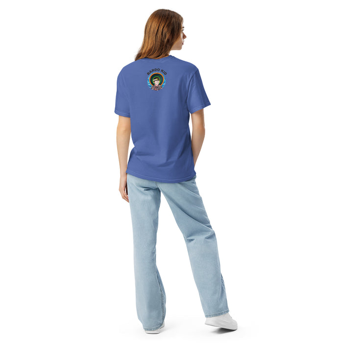 girl wearing a a light blue t-shirt with original art of animal head of wasp face with elephant tusks and trunks, and snake hair, in an ellipse 