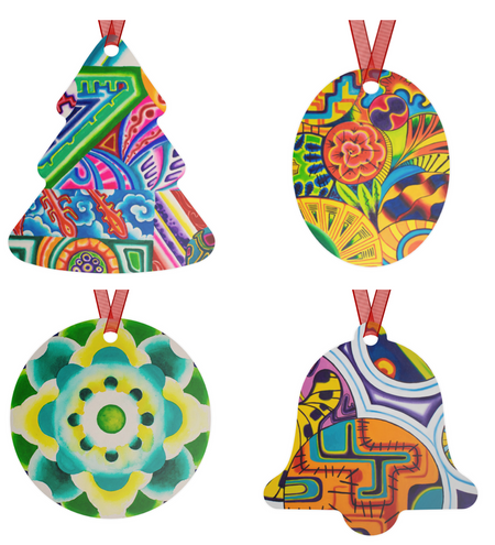 Four colorful holiday ornaments with abstract patterns featuring a bell, tree, circle, and oval with colorful, psychedelic art
