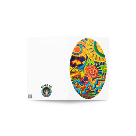 4" x 6" greeting card with a psychedelic oval shaped artwork on the front.