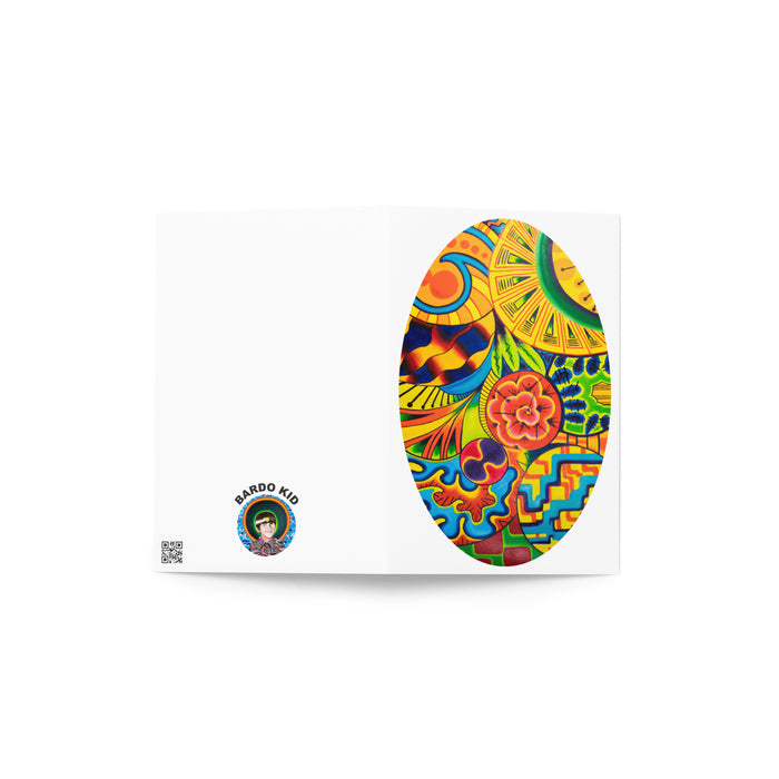 4" x 6" greeting card with a psychedelic oval shaped artwork on the front.
