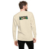 A man viewed from the back wearing a cream-colored long-sleeve crewneck sweatshirt with a graphic logo print on the upper back. The graphic features the word 'BARDO' in black text above a colorful rectangular image.