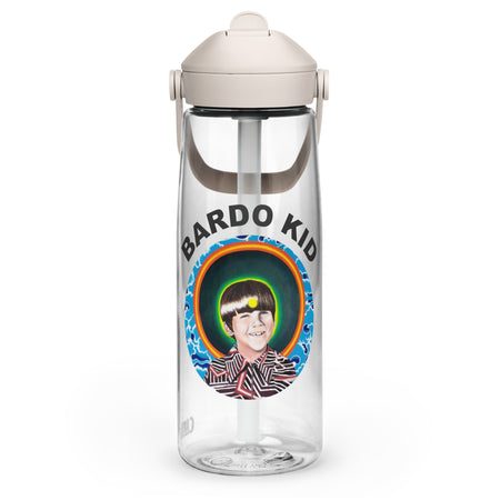 clear flip straw water bottle with the bardo id logo of a young boys face with a psychedelic background