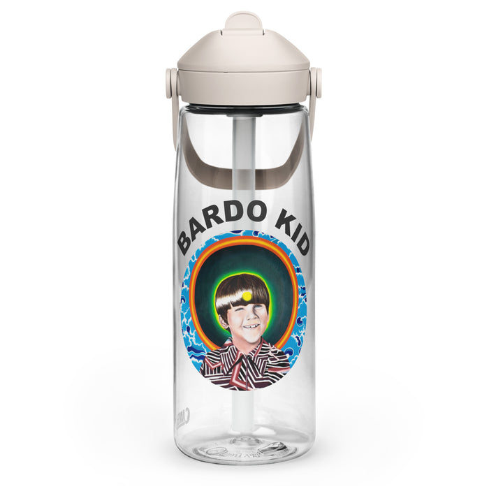 clear flip straw water bottle with the bardo id logo of a young boys face with a psychedelic background
