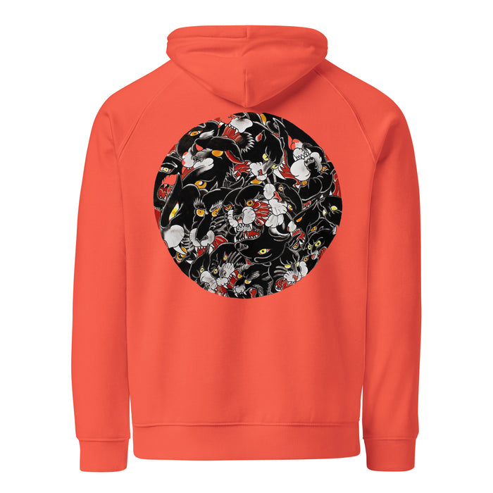 orange hoodie with a circular design on the back of many traditional tattoo designed black panther heads inside of it.