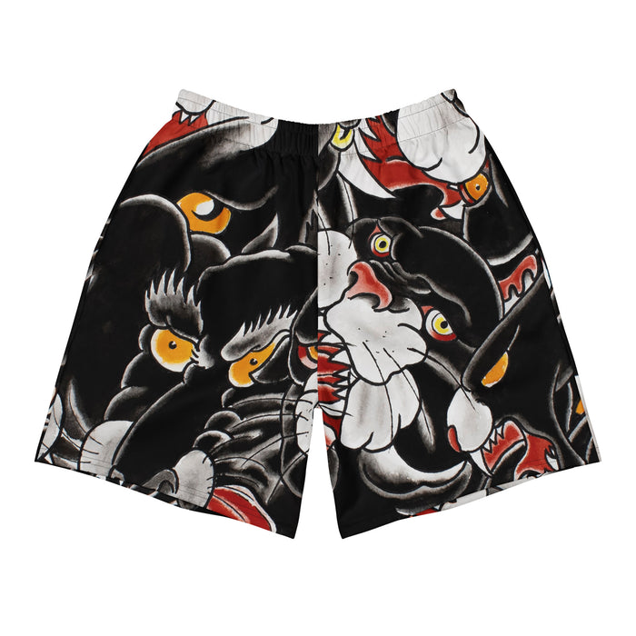 long all over print shorts featuring multiple overlapping images of the classic black panther tattoo head artwork