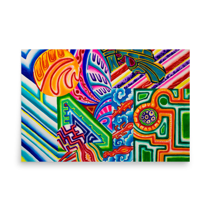 an explosion of abstract, psychedelic geometric color in a rectangular painting 