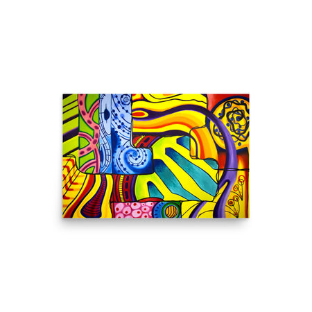 multicolored abstract art print in an early 80's style