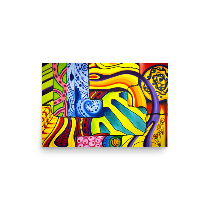 multicolored abstract art print in an early 80's style