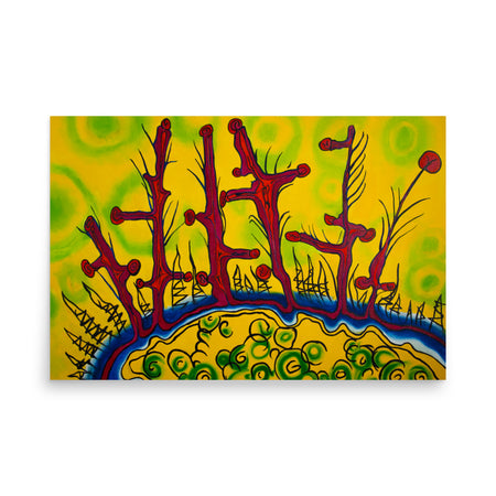 abstract painting of red tendrils reaching up from a blue surface with yellow and green spirals int he background