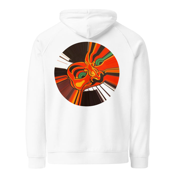 white hoodie with original art of a cartoon devil head contained within a circle appearing to be stretching and moving at a high rate of speed