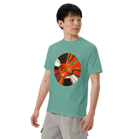 boy wearing light green t-shirt with distorted cartoon devil head 