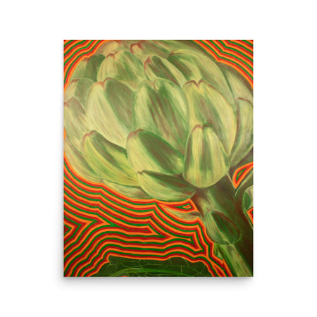 psychedelic, visionary art of an artichoke emitting waves of red , blue, and green energy