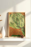 psychedelic, visionary art of an artichoke emitting waves of red , blue, and green energy, framed and leaning on a mantle