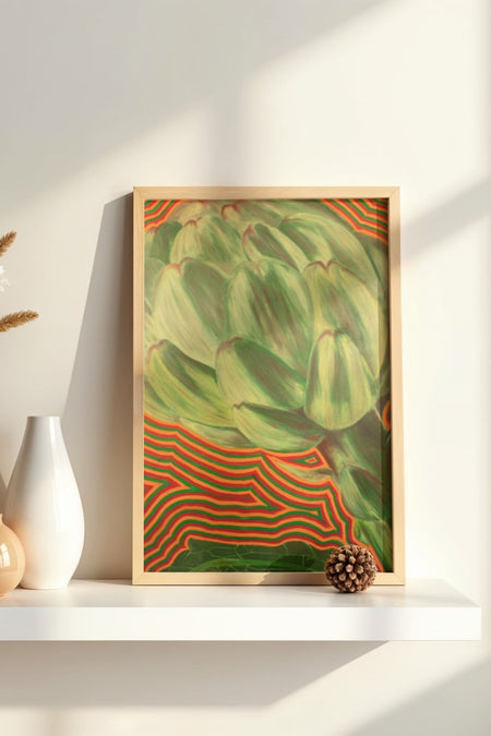 psychedelic, visionary art of an artichoke emitting waves of red , blue, and green energy, framed and leaning on a mantle