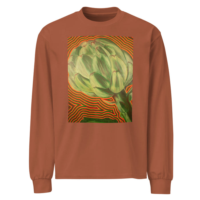 long sleeve light brown t-shirt featuring original art of an artichoke radiating bands of psychedelic colors in red, orange, and green.