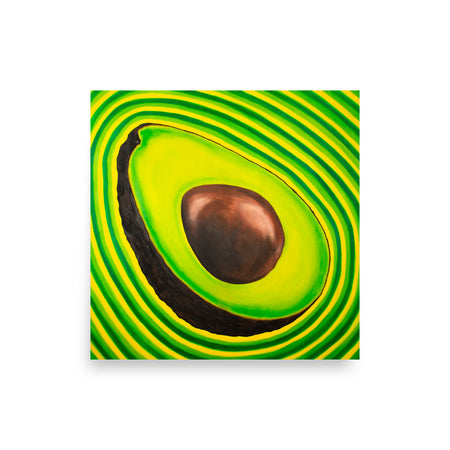 realistic psychedelic oil painting of an avocado radiating waves of energy in vibrant greens and yellows