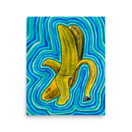 psychedelic banana painting radiating waves of blue, turquoise, and green energy bands in a visionary art style