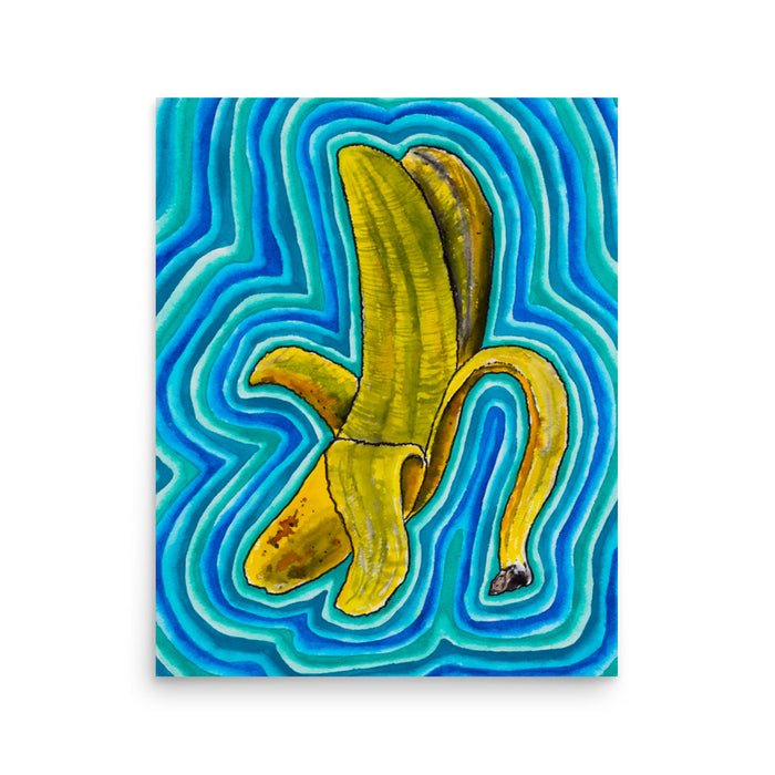 psychedelic banana painting radiating waves of blue, turquoise, and green energy bands in a visionary art style