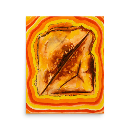 bright psychedelic watercolor painting of a grilled cheese sandwich pulsing with ultra bright reds, oranges, and yellows