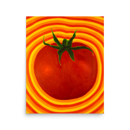 pulsating, psychedelic painting of a tomato with radiating bands of reds, oranges, and yellows in a visionary art style