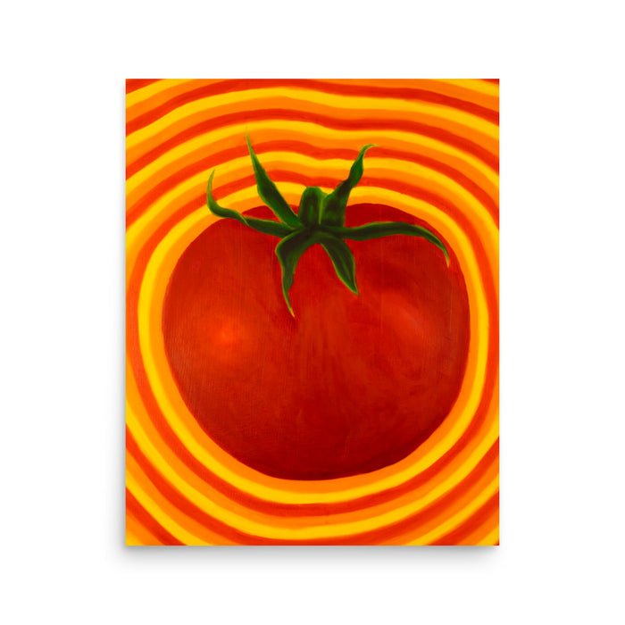 pulsating, psychedelic painting of a tomato with radiating bands of reds, oranges, and yellows in a visionary art style