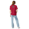 girl wearing red t-shirt with psychedelic tomato design radiating bands of reds, and oranges and bardo kid logo on back
