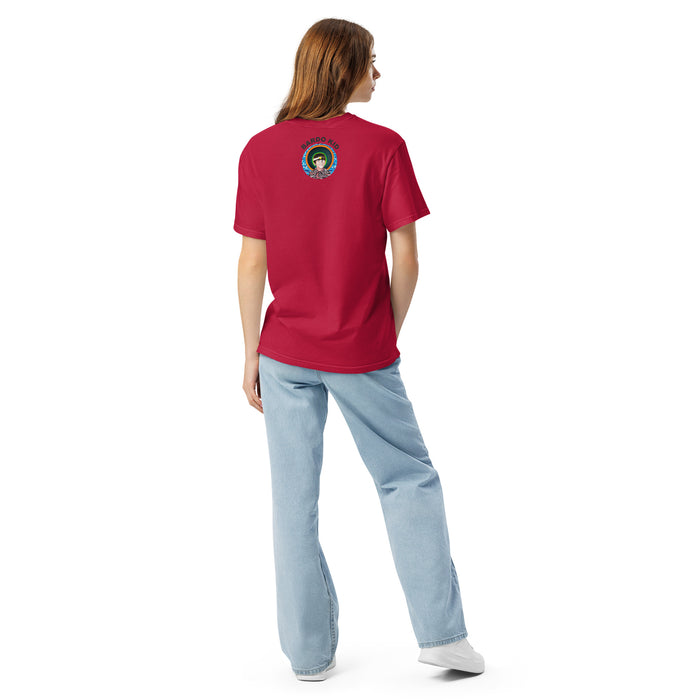 girl wearing red t-shirt with psychedelic tomato design radiating bands of reds, and oranges and bardo kid logo on back