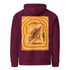 grilled cheese radiating psychedelic bands of reds, oranges and yellows on the back of a maroon hoodie