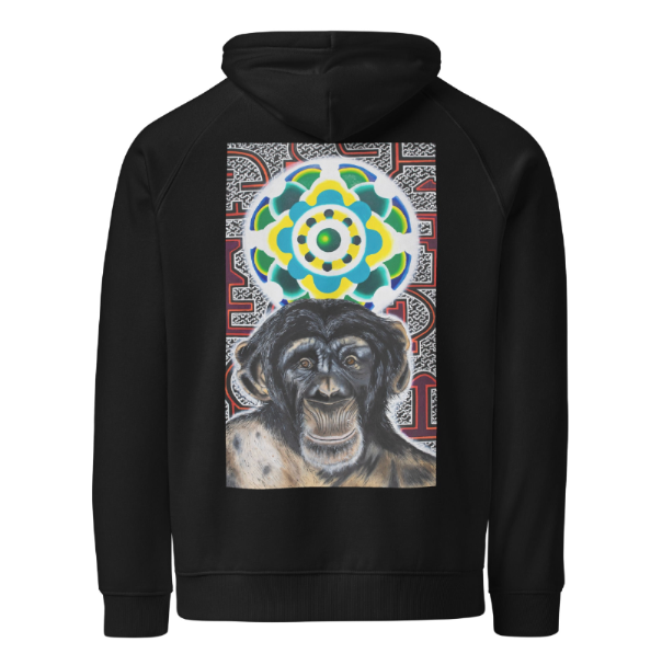 Black hoodie with a colorful monkey illustration and mandala on the back against a white background