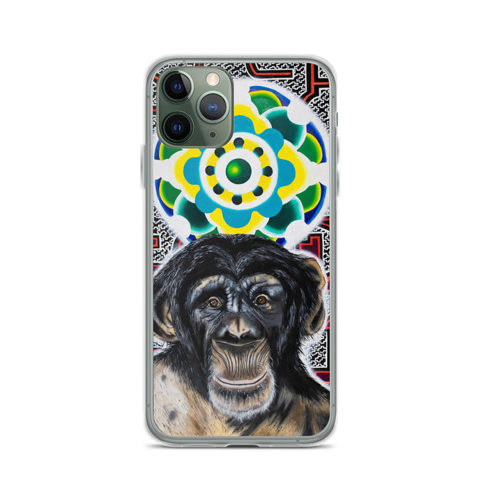 plastic phone case with face of chimp with a psychedelic background