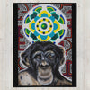 large throw blanket with image of a chimp head with a colorful psychedelic background