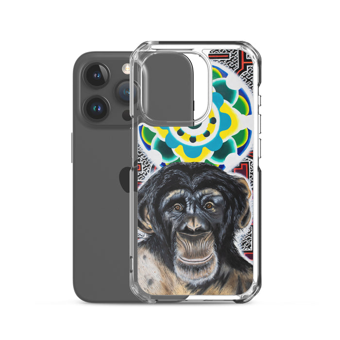 plastic phone case with face of chimp with a psychedelic background