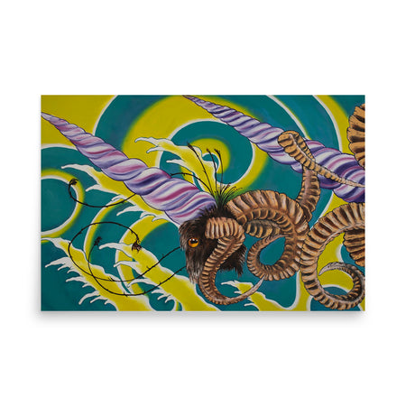 An oil painting with a turquoise and green color palette illustrating a psychedelic image of a goat head with a nautilus shell horn hovering over Japanese styled water