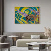 psychedelic art print of a nautilus-horned goat head over Japanese waves hanging above a living room couch