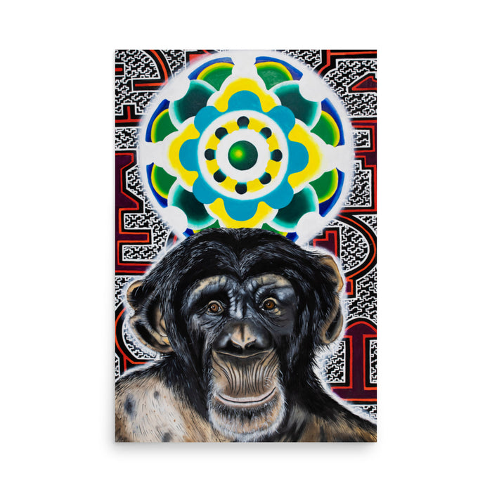 visionary art painting with face of a bonobo chimp in front of a psychedelic turquoise and green mandala with a background of ayahuasca influenced geometric art of the Peruvian Shipibo people