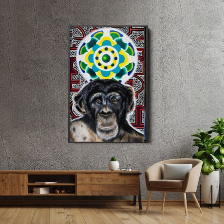 painting with face of a chimp in front of a psychedelic turquoise and green mandala hanging above a coffee table