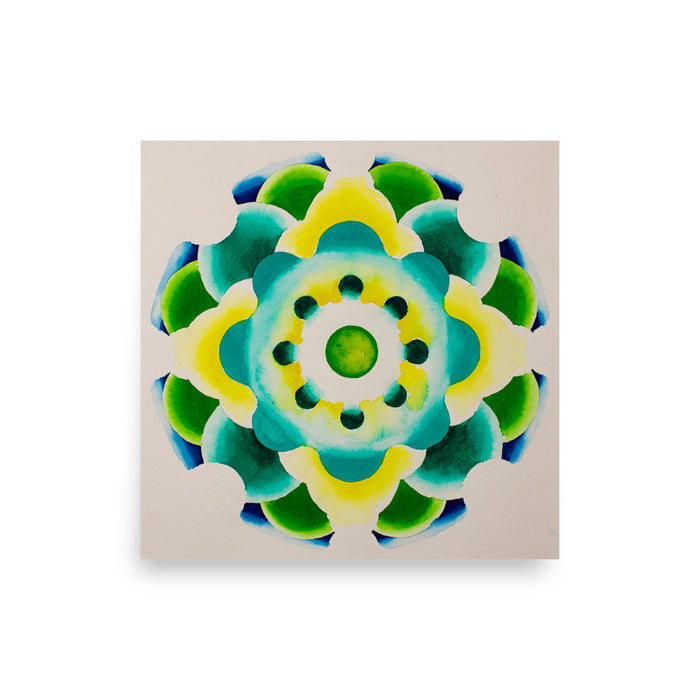 A bright nested circle based mandala made up of radiating greens, turquoises, yellow, and blues, resembling a molecule or a dimensional portal